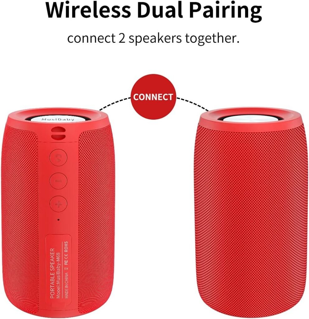 Bluetooth Speaker,MusiBaby Wireless,Outdoor, Waterproof,Portable Speaker,Dual Pairing, Bluetooth 5.0,Loud Stereo,Booming Bass,24H Playtime for HomeParty,Gifts(Pure Red)