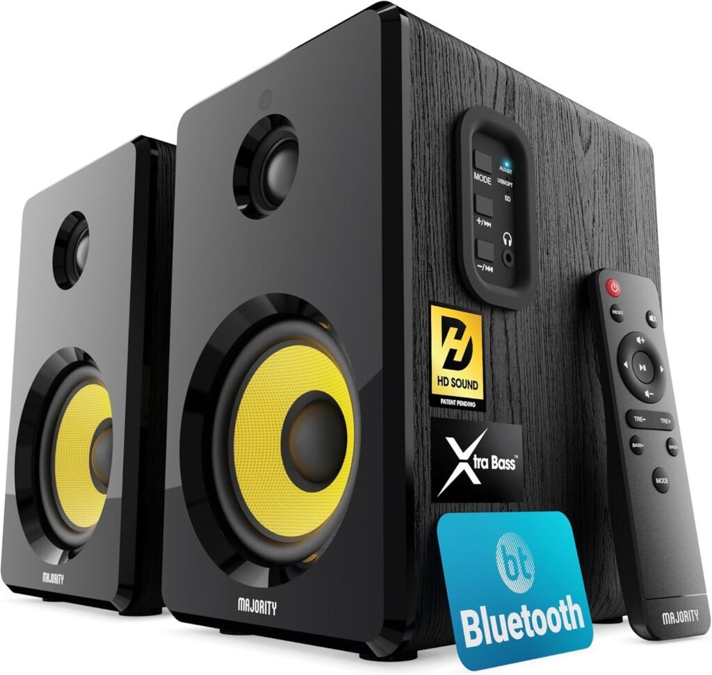 Majority Powered Bluetooth Bookshelf Speakers | Studio Monitors Speaker Set | 2.0 Home Studio Lecturers for PC  Turntables | Bluetooth Powered, Optical, USB  AUX Playback D40X