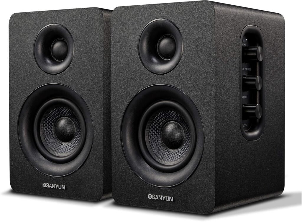 Sanyun SW208 3 Active Bluetooth 5.0 Bookshelf Speakers – 60W Carbon Fiber Speaker Unit - Built-in 24bit DAC - Dynamic 3D Surround Sound – 2.0 Computer PC Monitor Gaming Speakers (Pair, Black) Sanyun SW208 3 Active Bluetooth 5.0 Bookshelf Speakers – 60W Carbon Fiber Speaker Unit - Built-in 24bit DAC - Dynamic 3D Surround Sound – 2.0 Computer PC Monitor Gaming Speakers (Pair, Black)