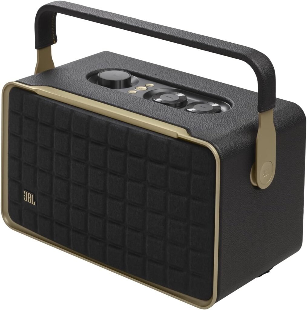 JBL Authentics 200 - Retro Style Smart Home Speaker with Built in Wi-Fi, Bluetooth and Voice Assistants, Alexa and Google Assistant, Multi-Room Playback, Automatic self tuning (Black/Gold)