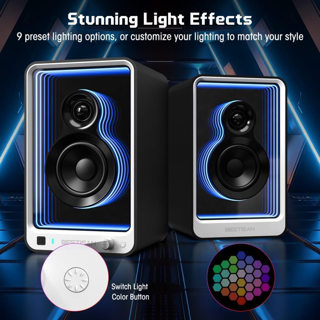 BESTISAN 50W*2 Active Bookshelf Speakers with Dynamic Light Effect, 3 Bass Computer Speakers with ARC/Optical/RCA/BT 5.2/USB/SUB Out Input for Turntable, PC, TV and Phone.