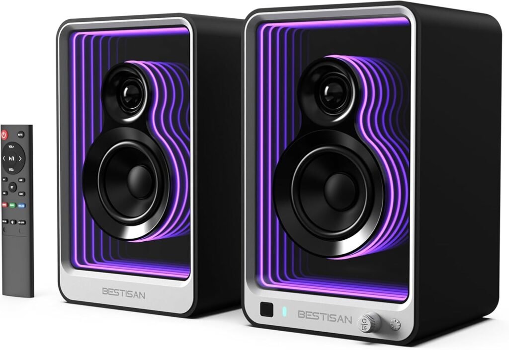 BESTISAN 50W*2 Active Bookshelf Speakers with Dynamic Light Effect, 3 Bass Computer Speakers with ARC/Optical/RCA/BT 5.2/USB/SUB Out Input for Turntable, PC, TV and Phone.
