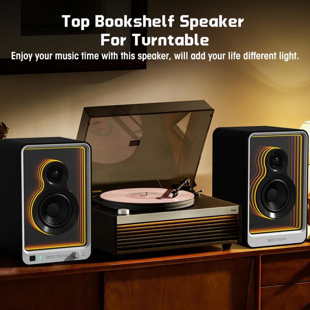 BESTISAN 50W*2 Active Bookshelf Speakers with Dynamic Light Effect, 3 Bass Computer Speakers with ARC/Optical/RCA/BT 5.2/USB/SUB Out Input for Turntable, PC, TV and Phone.