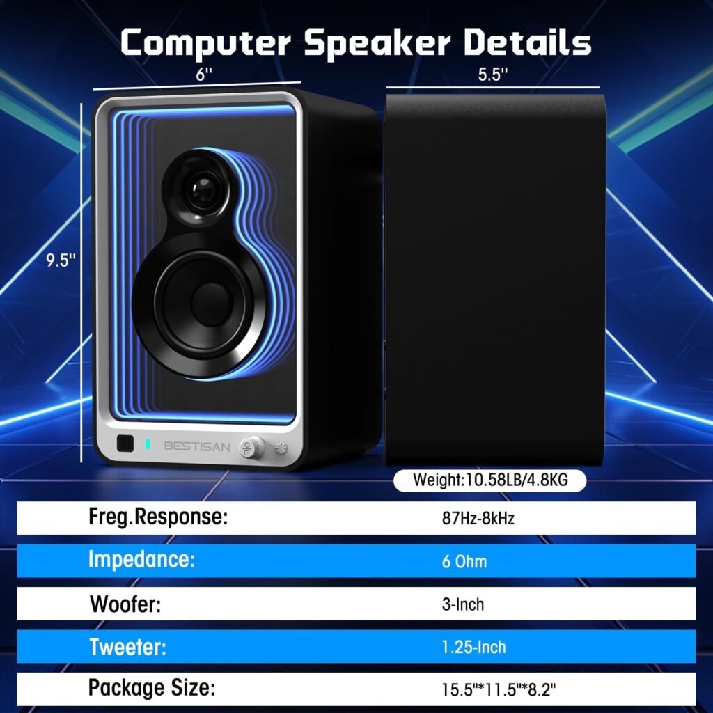 BESTISAN 50W*2 Active Bookshelf Speakers with Dynamic Light Effect, 3 Bass Computer Speakers with ARC/Optical/RCA/BT 5.2/USB/SUB Out Input for Turntable, PC, TV and Phone.
