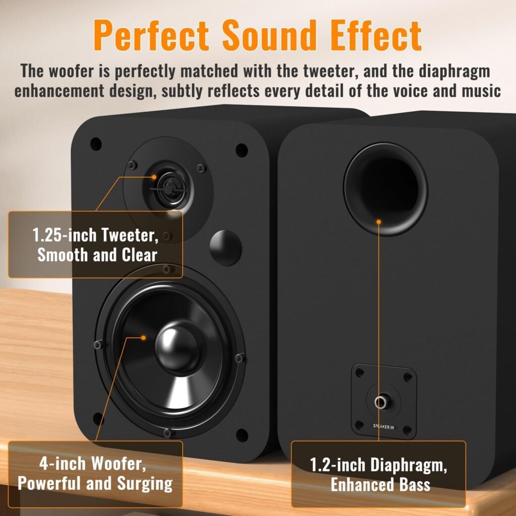 BESTISAN Bluetooth Bookshelf Speakers, Powered Computer Speakers with 4 Inch Woofer, TV Speakers with Optical/RCA/USB/Sub Out for PC and Turntable