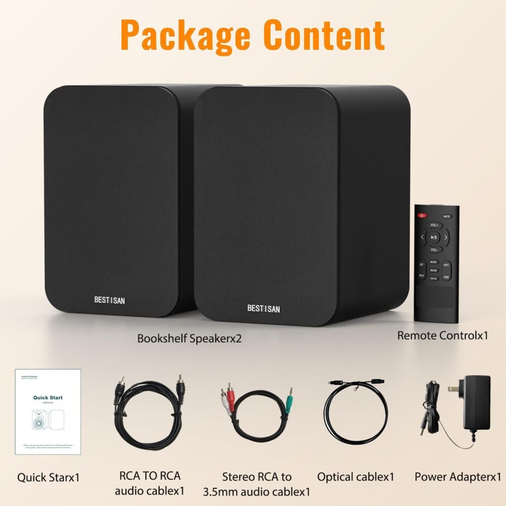 BESTISAN Bluetooth Bookshelf Speakers, Powered Computer Speakers with 4 Inch Woofer, TV Speakers with Optical/RCA/USB/Sub Out for PC and Turntable