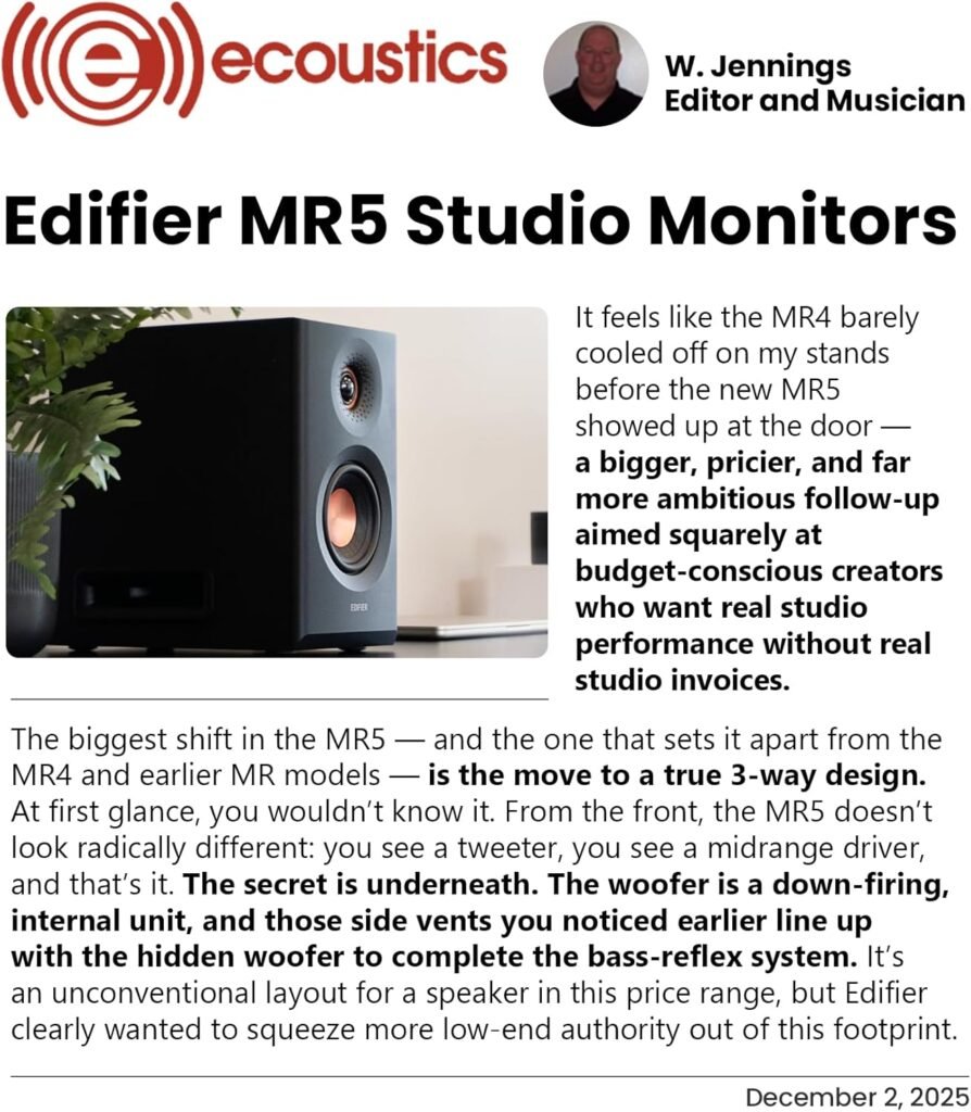 Edifier MR5 2.0 Studio Monitor Bookshelf Speakers, 110W(RMS), Hi-Res Audio, Bluetooth 6.0, 3-Way Active Design, Room Compensation, XLR/TRS/RCA Inputs, Compact Size for Home Studio  Music - Black