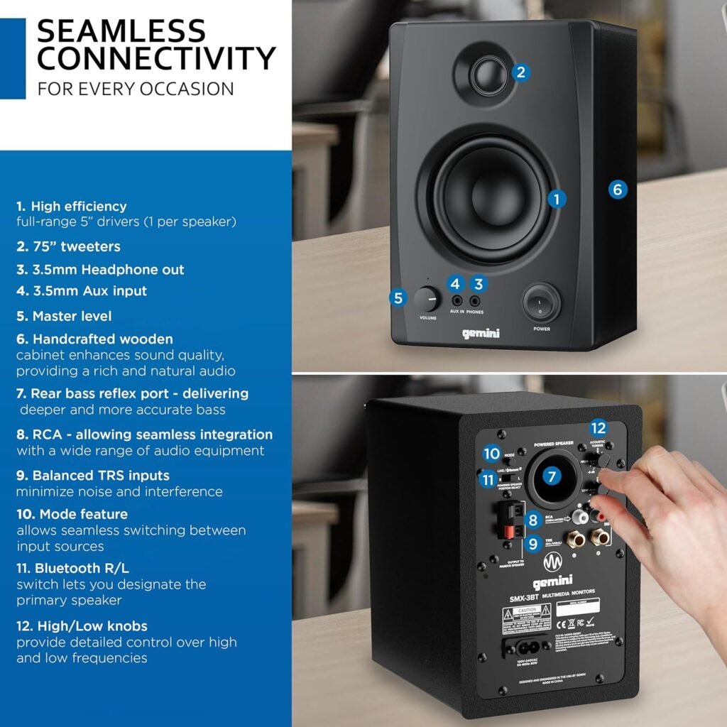Gemini Sound SMX-3BT 100W Bluetooth Bookshelf Studio Monitor Speakers, Active/Passive Pair for PC, Turntables, Desktop, RCA/3.5mm Aux Input, Wood Cabinet, EQ Control, Perfect for Home Studio and DJs
