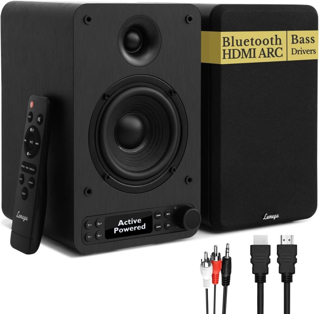LEMEGA Active Bookshelf Speakers 40W RMS, Powered Stereo Speakers with 4 woofer and 1.25 Tweeter, Bluetooth,USB, HDMI/Optical/AUX/RCA Inputs for PC and TV, LED Display, Bass Treble Control LEMEGA Active Bookshelf Speakers 40W RMS, Powered Stereo Speakers with 4 woofer and 1.25 Tweeter, Bluetooth,USB, HDMI/Optical/AUX/RCA Inputs for PC and TV, LED Display, Bass Treble Control