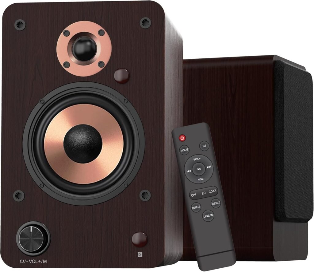 LONPOO 100W Active Bookshelf Speakers, 4 HiFi Bookshelf Speaker, Bluetooth Optical/Coaxial/RCA/ 24bit DAC USB/AUX-in for TV PC Desktop Turntable,12MM Cabinet, Remote Control (LP42M)