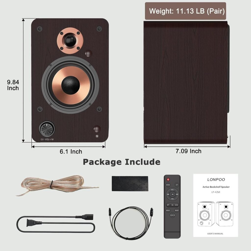 LONPOO 100W Active Bookshelf Speakers, 4 HiFi Bookshelf Speaker, Bluetooth Optical/Coaxial/RCA/ 24bit DAC USB/AUX-in for TV PC Desktop Turntable,12MM Cabinet, Remote Control (LP42M)