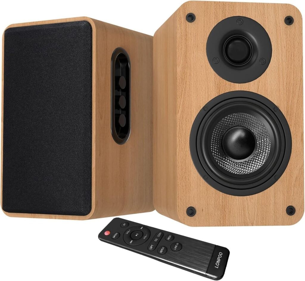 LONPOO Bluetooth Bookshelf Speakers with ARC, 100W Active Powered Speakers, USB/AUX-in/Optical/Coaxial, 4 Woofer and 1.5 Tweeter (Log)