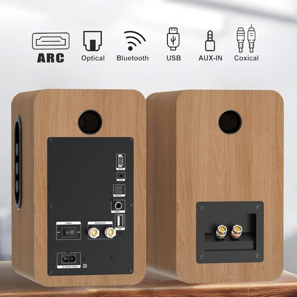 LONPOO Bluetooth Bookshelf Speakers with ARC, 100W Active Powered Speakers, USB/AUX-in/Optical/Coaxial, 4 Woofer and 1.5 Tweeter (Log)