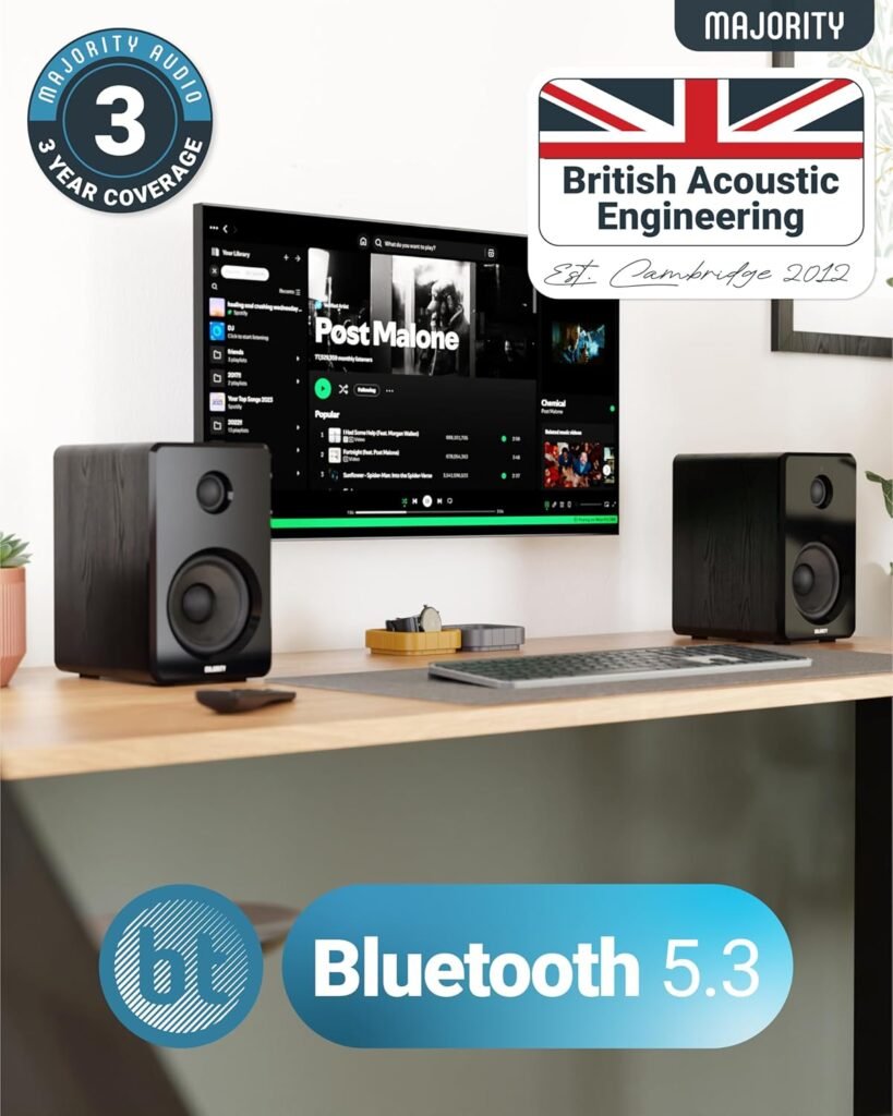 Majority D40 Active Bookshelf Speakers | Powered Stereo Studio Speakers | Powerful Amplified 2.0 Channel Sound | Bluetooth, Optical, RCA, USB  Aux Playback | Digital Controls | HiFi Speakers