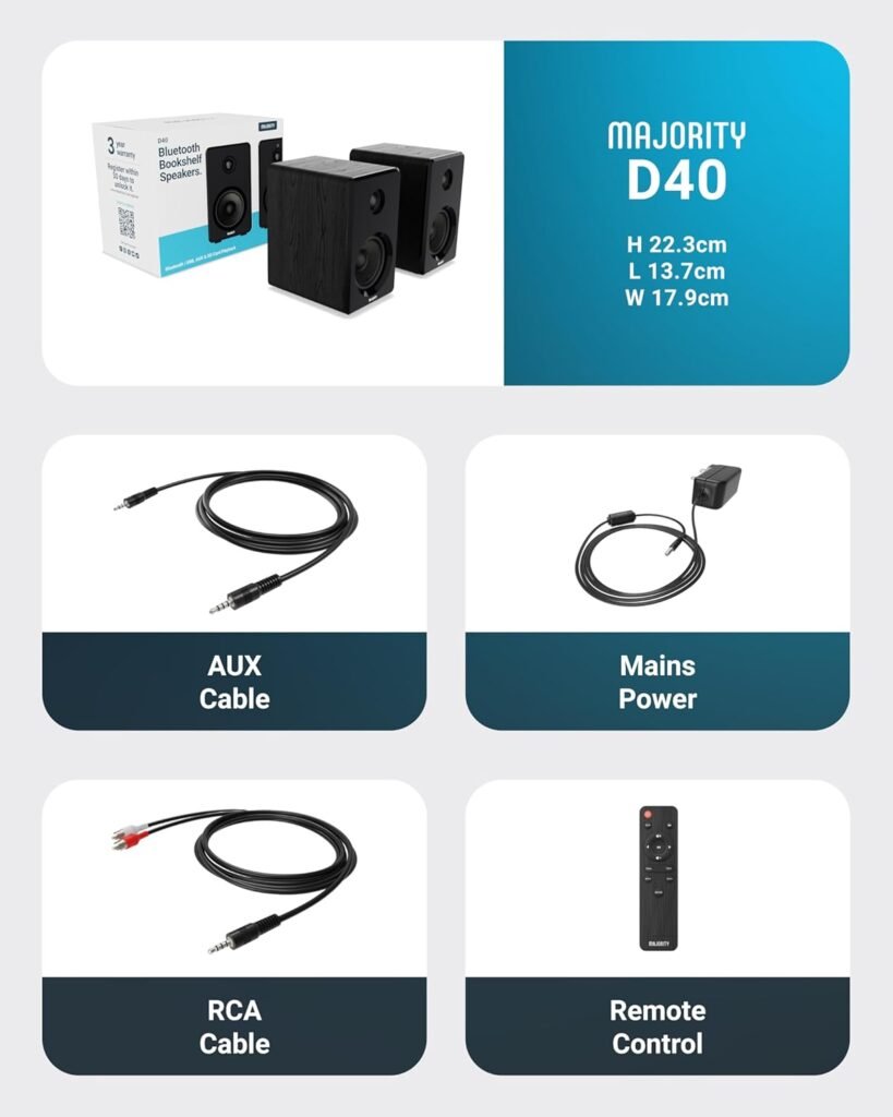 Majority D40 Active Bookshelf Speakers | Powered Stereo Studio Speakers | Powerful Amplified 2.0 Channel Sound | Bluetooth, Optical, RCA, USB  Aux Playback | Digital Controls | HiFi Speakers