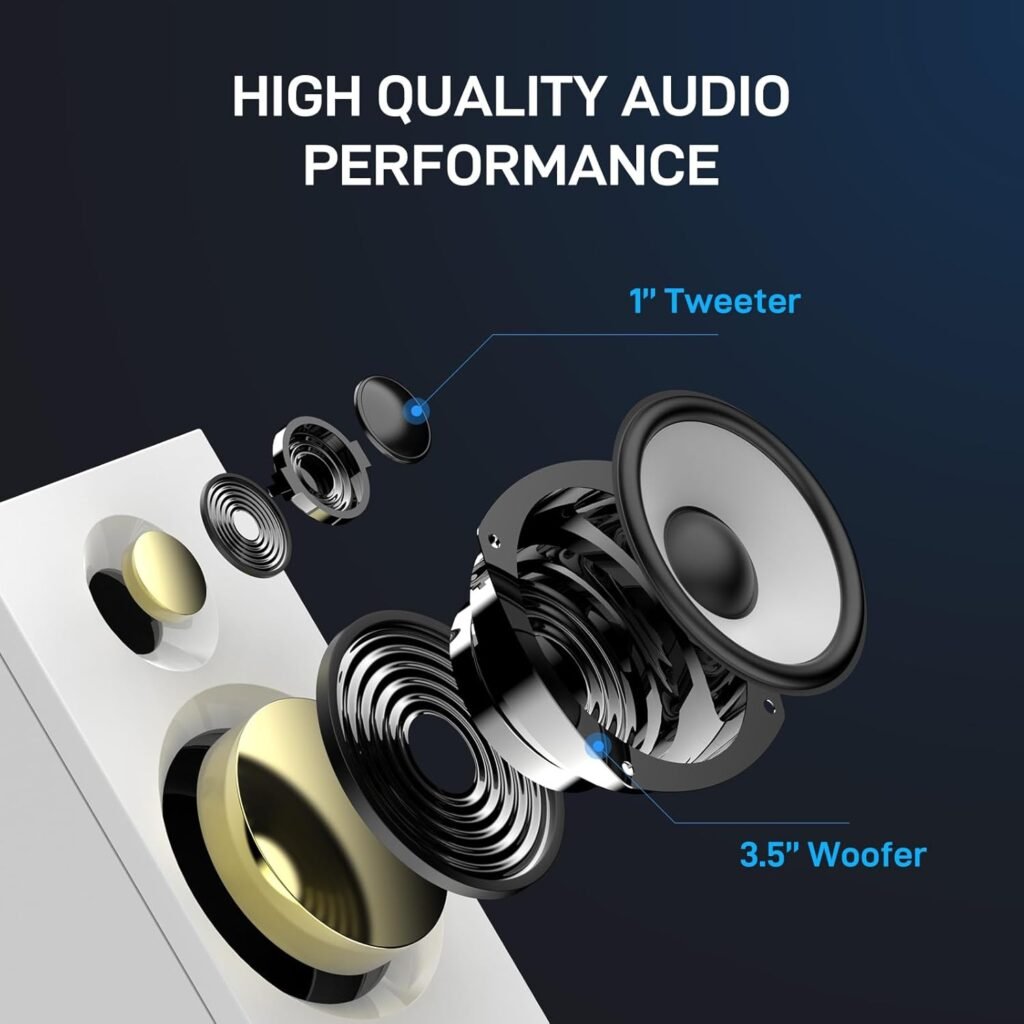 Powered Bookshelf Speakers HiFi Computer Gaming Monitors with Bluetooth 5.3  24-Bit USB DAC Stereo Speaker PC Speakers 3.5 Woofer,1 Silk Dome Tweeter, Adjustable Bass/Treble BT16 - White
