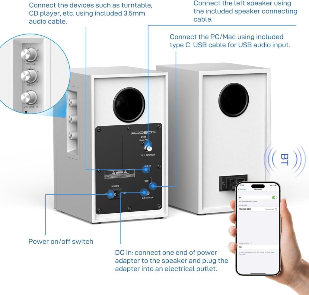 Powered Bookshelf Speakers HiFi Computer Gaming Monitors with Bluetooth 5.3  24-Bit USB DAC Stereo Speaker PC Speakers 3.5 Woofer,1 Silk Dome Tweeter, Adjustable Bass/Treble BT16 - White