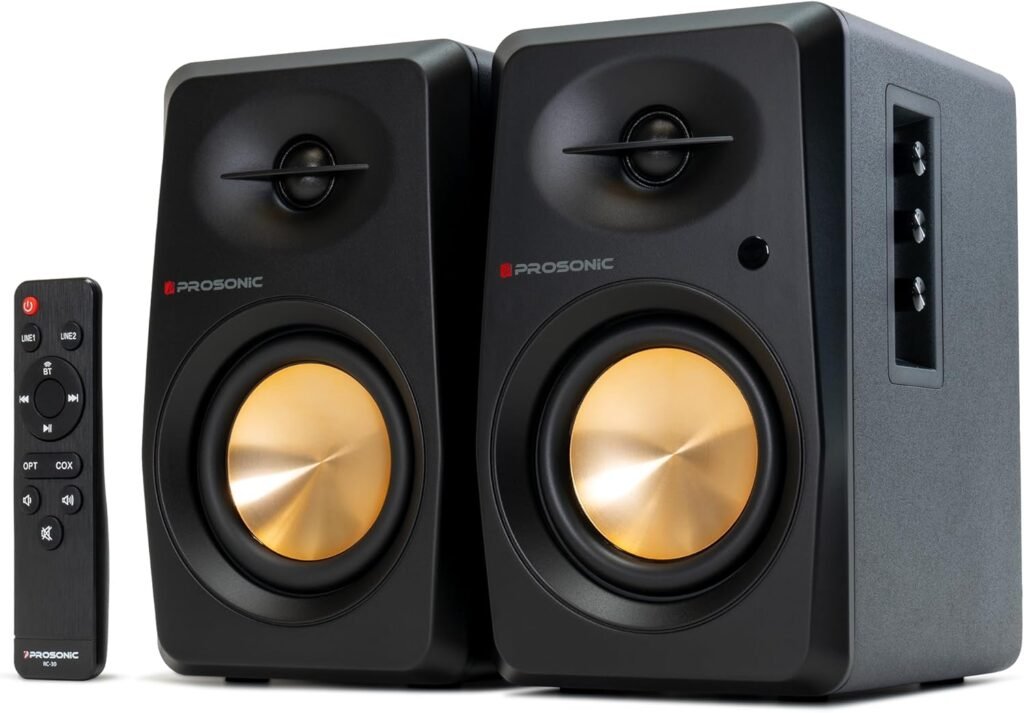 Prosonic BT30 Powered Bluetooth Bookshelf Speakers - 80W Active Studio Monitors for Home Theater, PC, Turntable  TV - Optical, Coaxial, Dual RCA Inputs - DSP  DRC (Black)