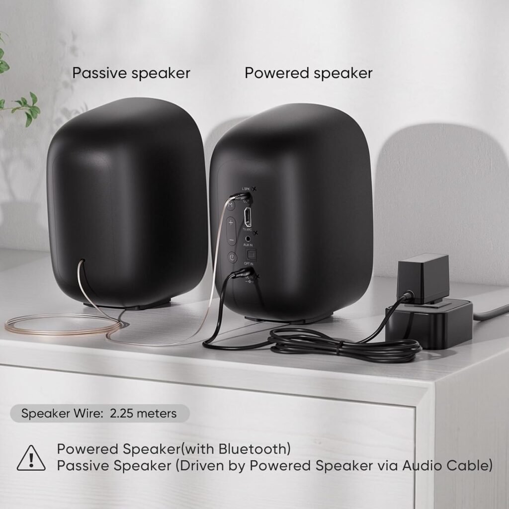 Saiyin Powered Bluetooth Bookshelf Speakers for Record Player, 40W Stereo Sound Speakers with 3-Inch Woofer, Dual-Curved Horn Bass Reflex Port and Optical/AUX/TV-ARC for Turntable/PC/TV, Pair