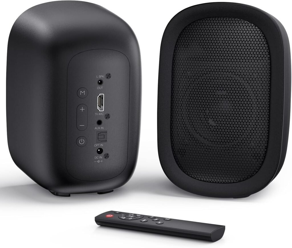 Saiyin Powered Bluetooth Bookshelf Speakers for Record Player, 40W Stereo Sound Speakers with 3-Inch Woofer, Dual-Curved Horn Bass Reflex Port and Optical/AUX/TV-ARC for Turntable/PC/TV, Pair