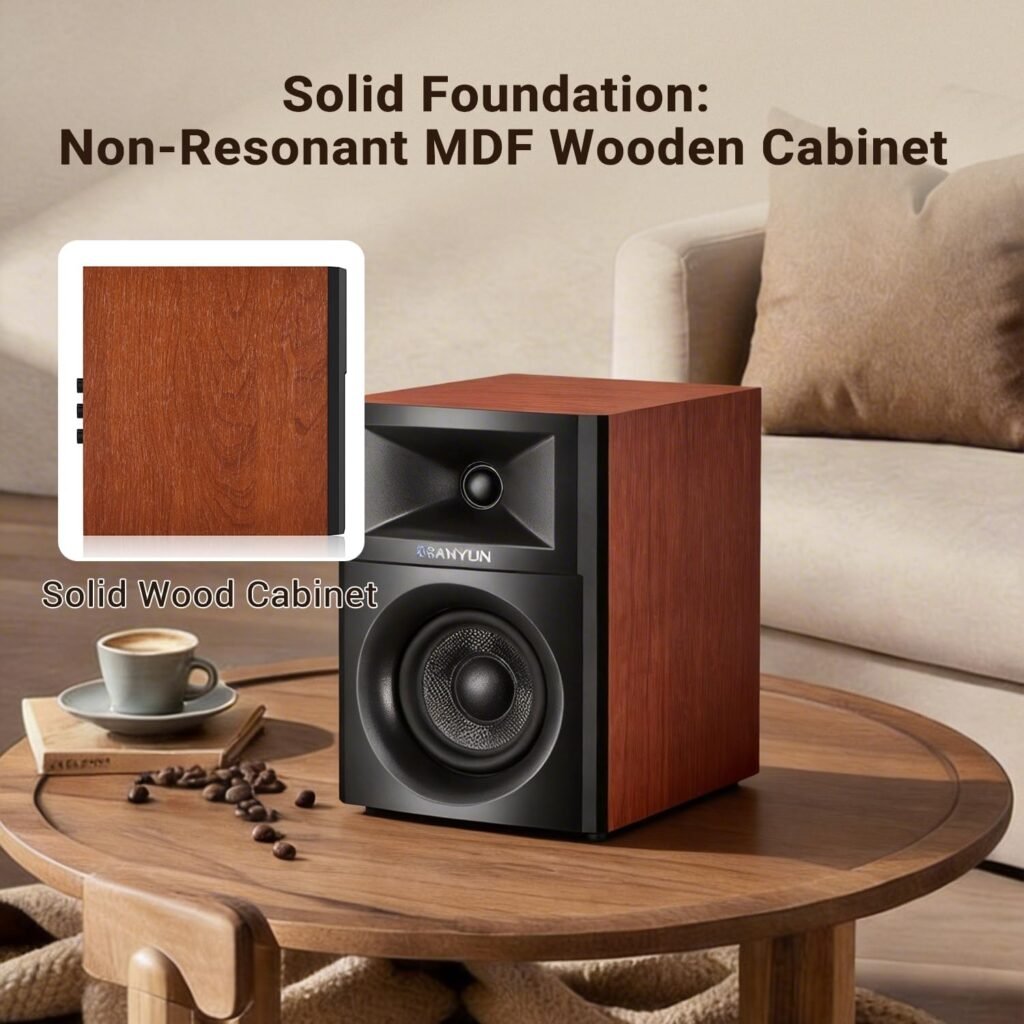 Sanyun SW205 80W Powered Bookshelf Speakers with 3D Soundstage | Precision DSP Spatial Audio  Geometric Cabinet | 4 Glass Fiber Woofer, Optical/Bluetooth 5.4/AUX, Wireless Remote (Pair, Cherry)