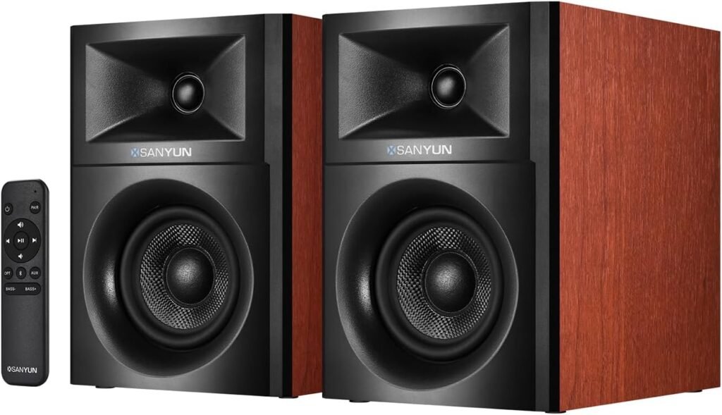 Sanyun SW205 80W Powered Bookshelf Speakers with 3D Soundstage | Precision DSP Spatial Audio  Geometric Cabinet | 4 Glass Fiber Woofer, Optical/Bluetooth 5.4/AUX, Wireless Remote (Pair, Cherry)