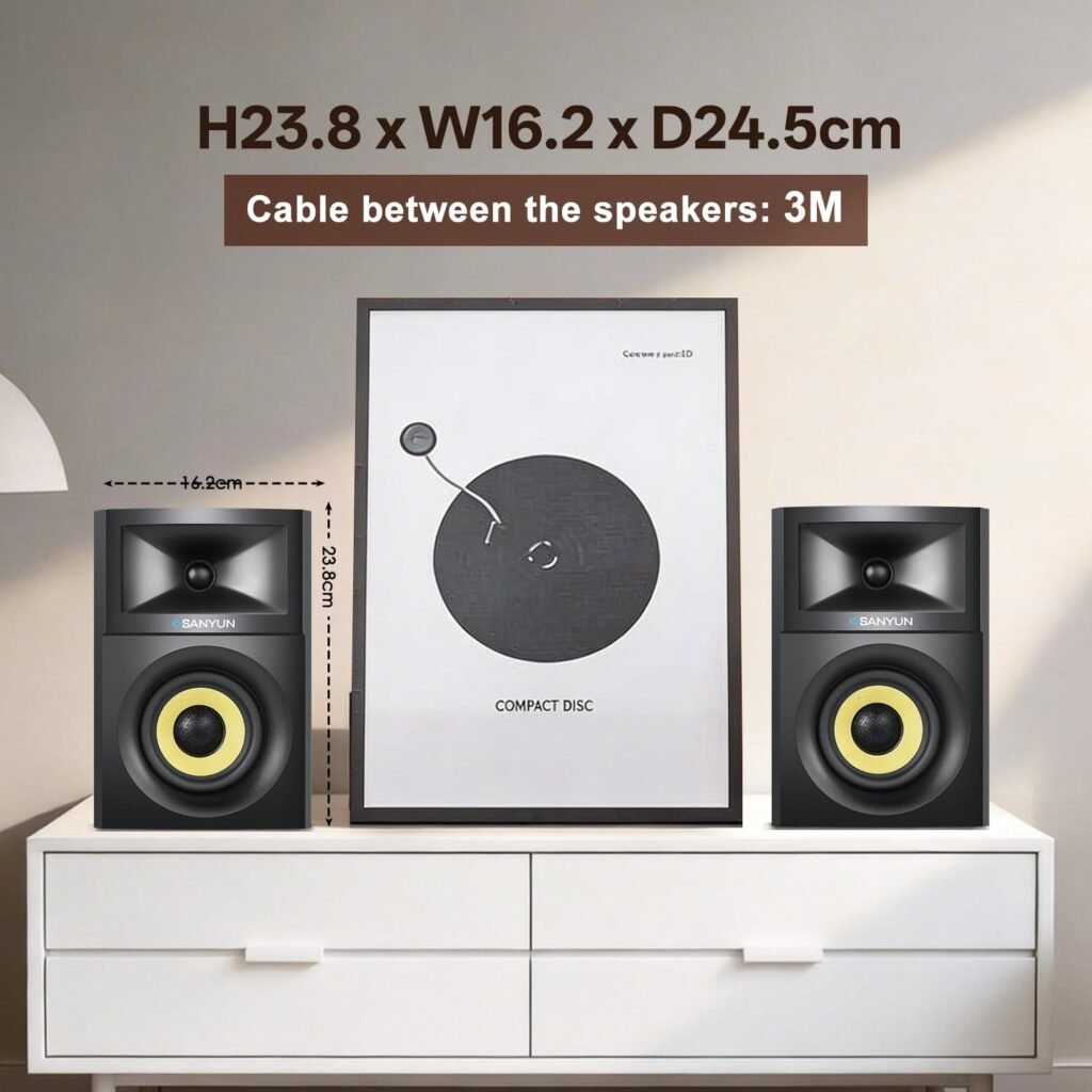 Sanyun SW205 80W Powered Bookshelf Speakers with 3D Soundstage | Precision DSP Spatial Audio  Geometric Cabinet | 4 Glass Fiber Woofer, Optical/Bluetooth 5.4/AUX, Wireless Remote (Pair, Black)