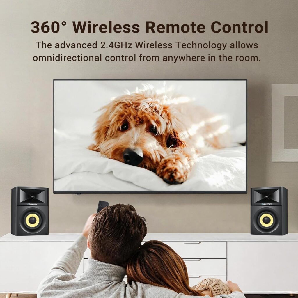 Sanyun SW205 80W Powered Bookshelf Speakers with 3D Soundstage | Precision DSP Spatial Audio  Geometric Cabinet | 4 Glass Fiber Woofer, Optical/Bluetooth 5.4/AUX, Wireless Remote (Pair, Black)