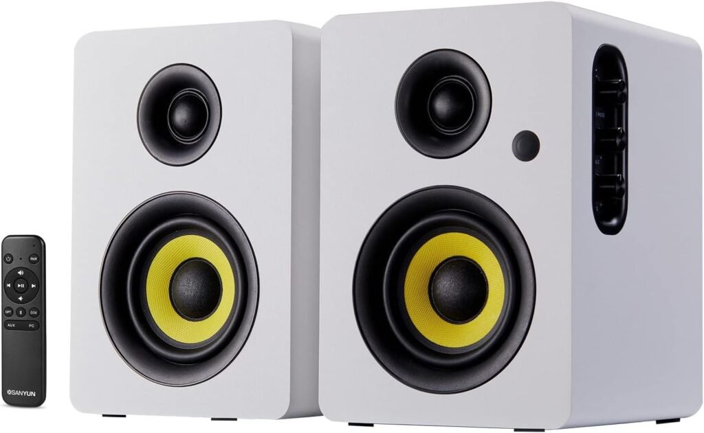 Sanyun SW206 4” HiFi Bookshelf Speakers with Studio Mode, 80W Active, Bluetooth 5.4/Optical/Coaxial/TRS/Aux/24bit DAC USB, for Turntable TV PC Desktop, MDF Cabinet, Remote Control, White Sanyun SW206 4” HiFi Bookshelf Speakers with Studio Mode, 80W Active, Bluetooth 5.4/Optical/Coaxial/TRS/Aux/24bit DAC USB, for Turntable TV PC Desktop, MDF Cabinet, Remote Control, White