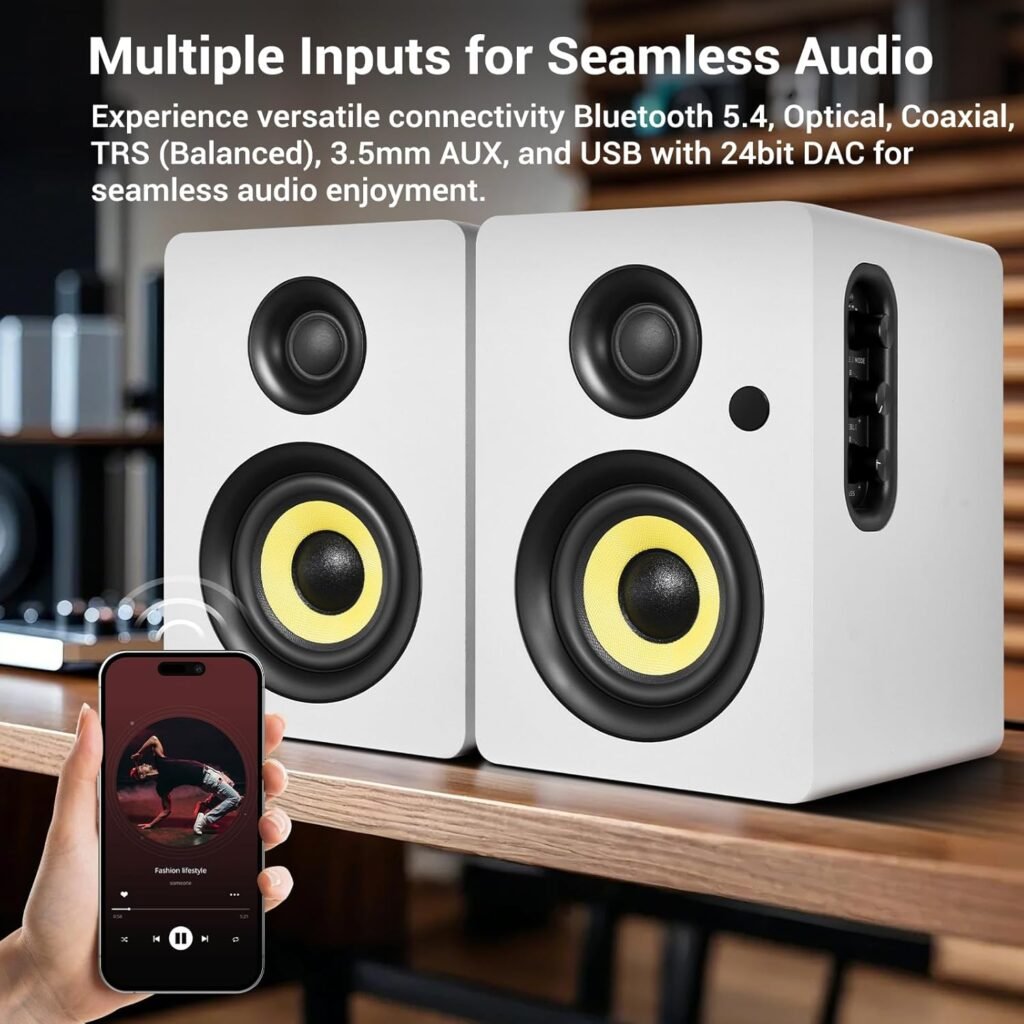Sanyun SW206 4” HiFi Bookshelf Speakers with Studio Mode, 80W Active, Bluetooth 5.4/Optical/Coaxial/TRS/Aux/24bit DAC USB, for Turntable TV PC Desktop, MDF Cabinet, Remote Control, White Sanyun SW206 4” HiFi Bookshelf Speakers with Studio Mode, 80W Active, Bluetooth 5.4/Optical/Coaxial/TRS/Aux/24bit DAC USB, for Turntable TV PC Desktop, MDF Cabinet, Remote Control, White