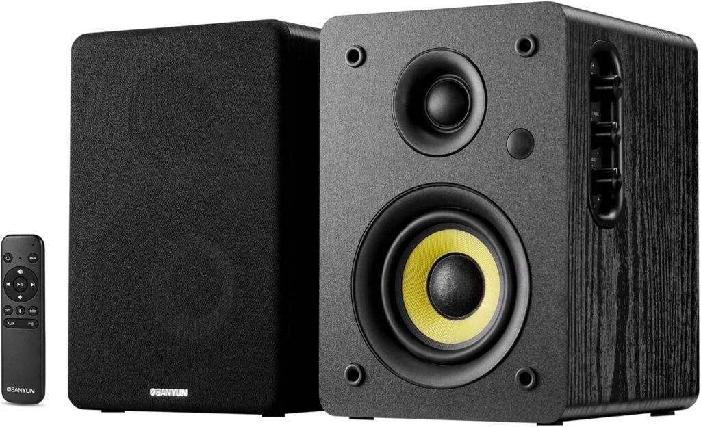 Sanyun SW206 4” HiFi Bookshelf Speakers with Studio Mode, 80W Active, Bluetooth 5.4/Optical/Coaxial/TRS/Aux/24bit DAC USB, for Turntable TV PC Desktop, MDF Cabinet, Remote Control, Black Sanyun SW206 4” HiFi Bookshelf Speakers with Studio Mode, 80W Active, Bluetooth 5.4/Optical/Coaxial/TRS/Aux/24bit DAC USB, for Turntable TV PC Desktop, MDF Cabinet, Remote Control, Black
