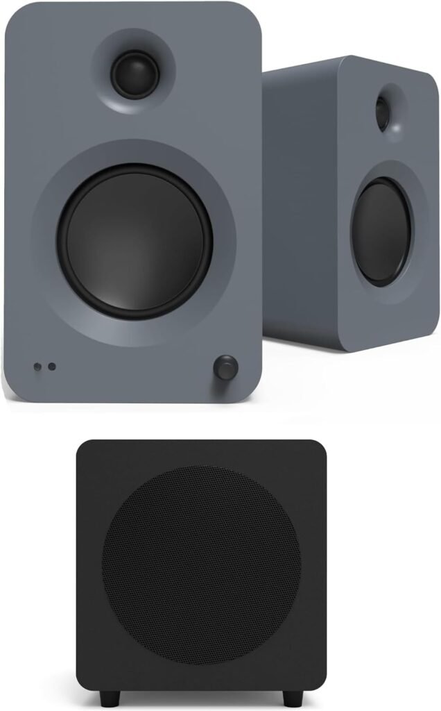 Kanto REN Grey Bluetooth Powered Bookshelf Speakers - Matte Grey Pair with a SUB8VMB Sealed Powered Subwoofer - Vinyl Black (2024)