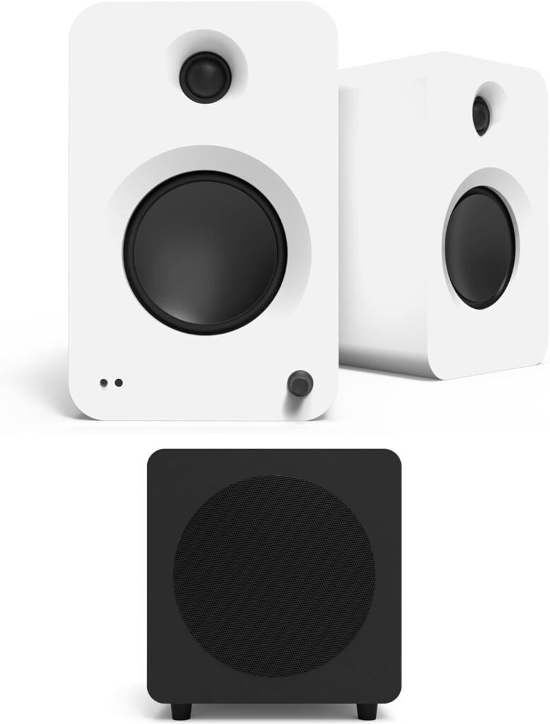 Kanto REN Grey Bluetooth Powered Bookshelf Speakers - Matte Grey Pair with a SUB8VMB Sealed Powered Subwoofer - Vinyl Black (2024)