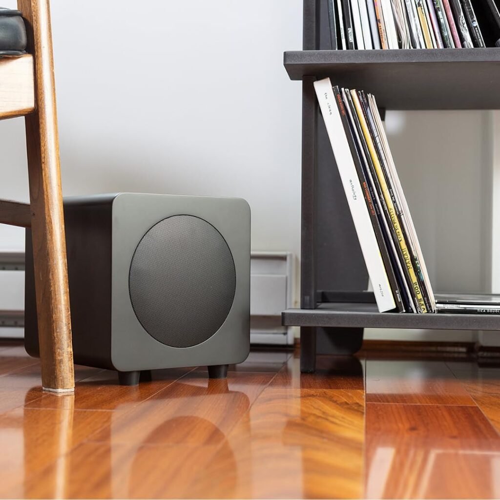 Kanto REN Grey Bluetooth Powered Bookshelf Speakers - Matte Grey Pair with a SUB8VMB Sealed Powered Subwoofer - Vinyl Black (2024)