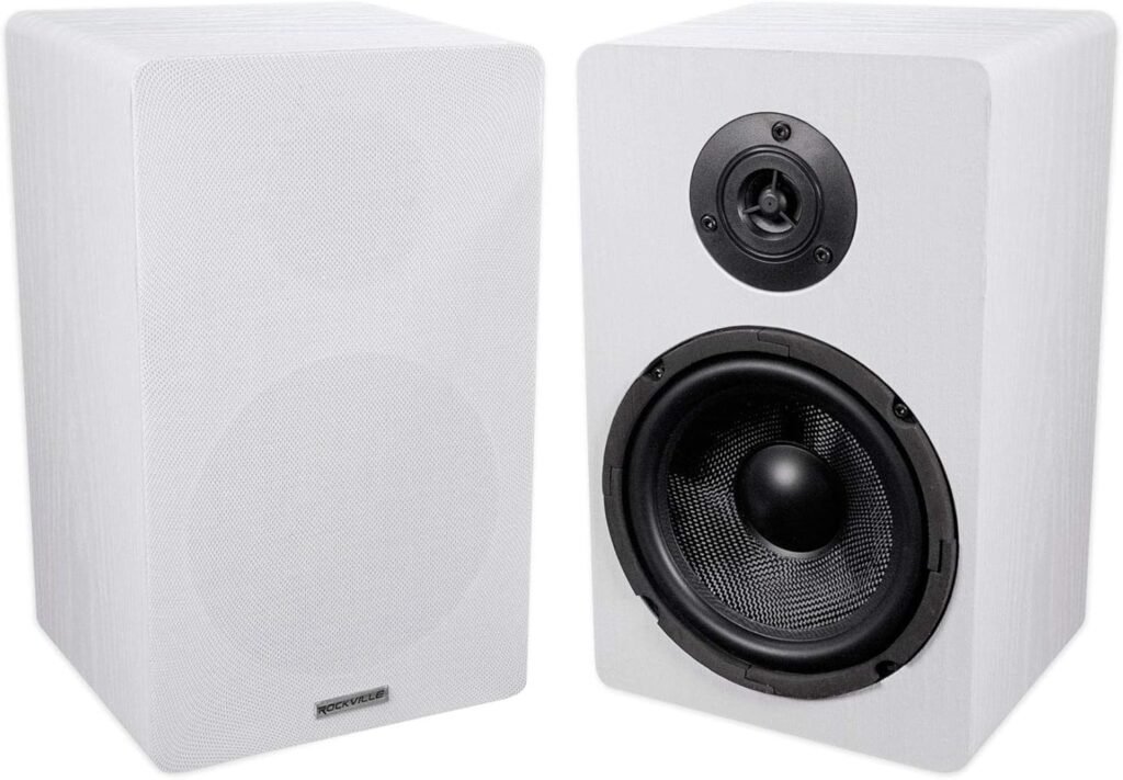Rockville RockShelf 64W 400-Watt White 6.5 in Home Theater Bookshelf Speakers, Ohm Design for Stereo and Surround Sound Applications, 9-Pieces