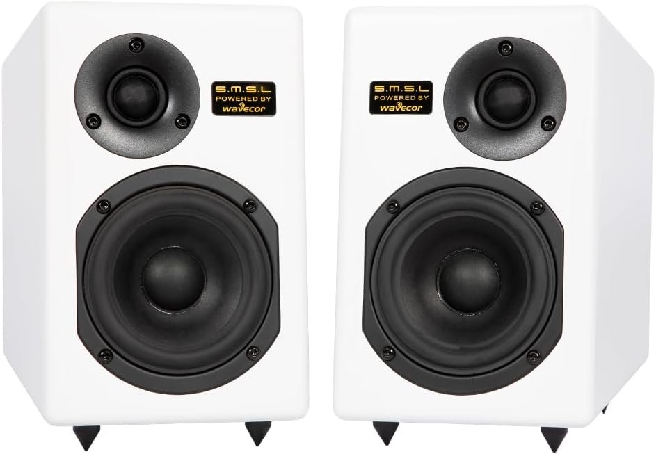 SMSL Bookshelf Speakers Tabebuia, Studio Hi-Fi Speakers for Home Audio Wavecor Custom Drivers, Watts Per Channel, Audiophile HIFI Two-Way Bookshelf Desktop Surround Passive Speaker, White(Pair)