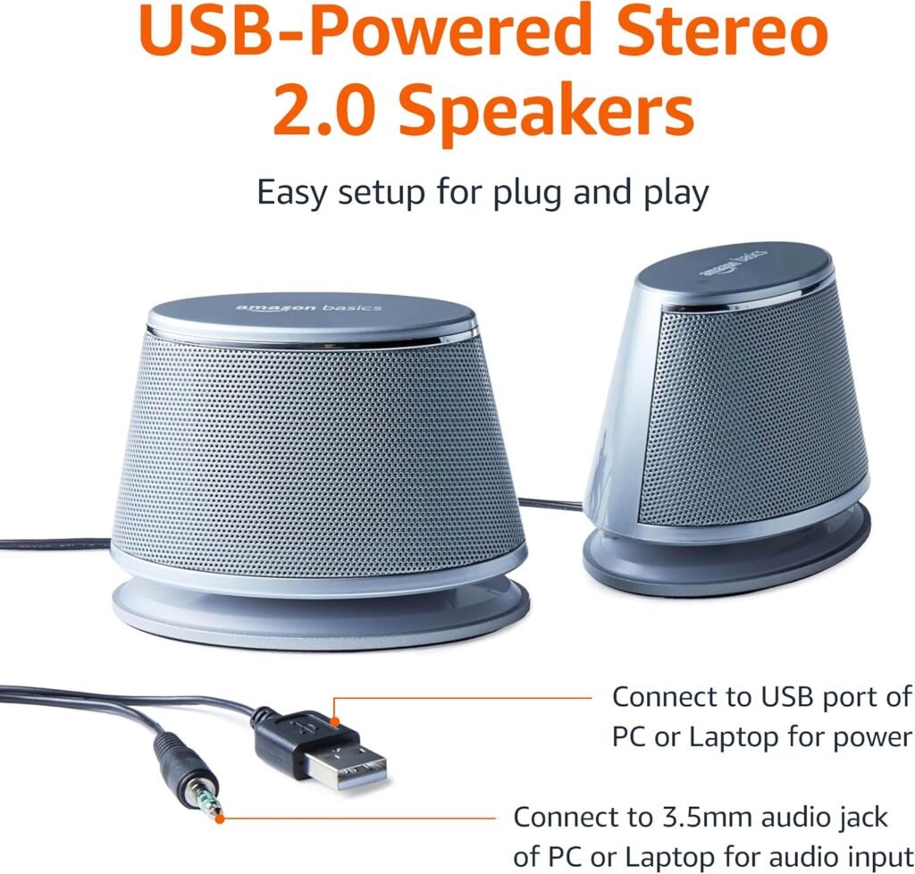 Amazon Basics Stereo 2.0 Computer Speakers with LED Lights for PC, Laptop or Desktop, Volume Control, 3.5mm Aux Input, USB-Powered, Silver, Pair Amazon Basics Stereo 2.0 Computer Speakers with LED Lights for PC, Laptop or Desktop, Volume Control, 3.5mm Aux Input, USB-Powered, Silver, Pair