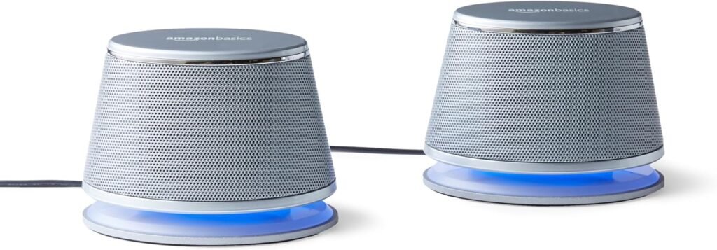 Amazon Basics Stereo 2.0 Computer Speakers with LED Lights for PC, Laptop or Desktop, Volume Control, 3.5mm Aux Input, USB-Powered, Silver, Pair Amazon Basics Stereo 2.0 Computer Speakers with LED Lights for PC, Laptop or Desktop, Volume Control, 3.5mm Aux Input, USB-Powered, Silver, Pair
